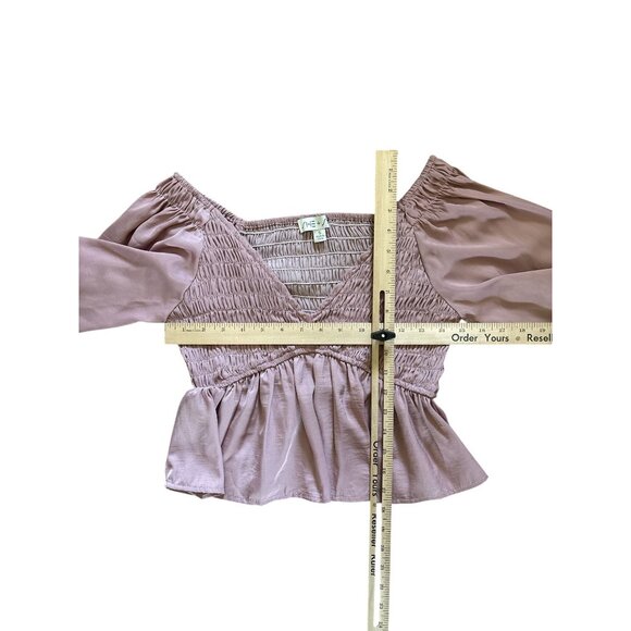 She + Sky Blouse Mauve Size S Smocked Puff Sleeve Ruffle Hem Dusty Rose Pink - Picture 5 of 6